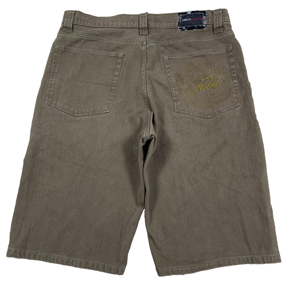 Vintage Fubu Shorts Men 38 Olive Green Denim Baggy Jorts Skate Y2K  Embroidered